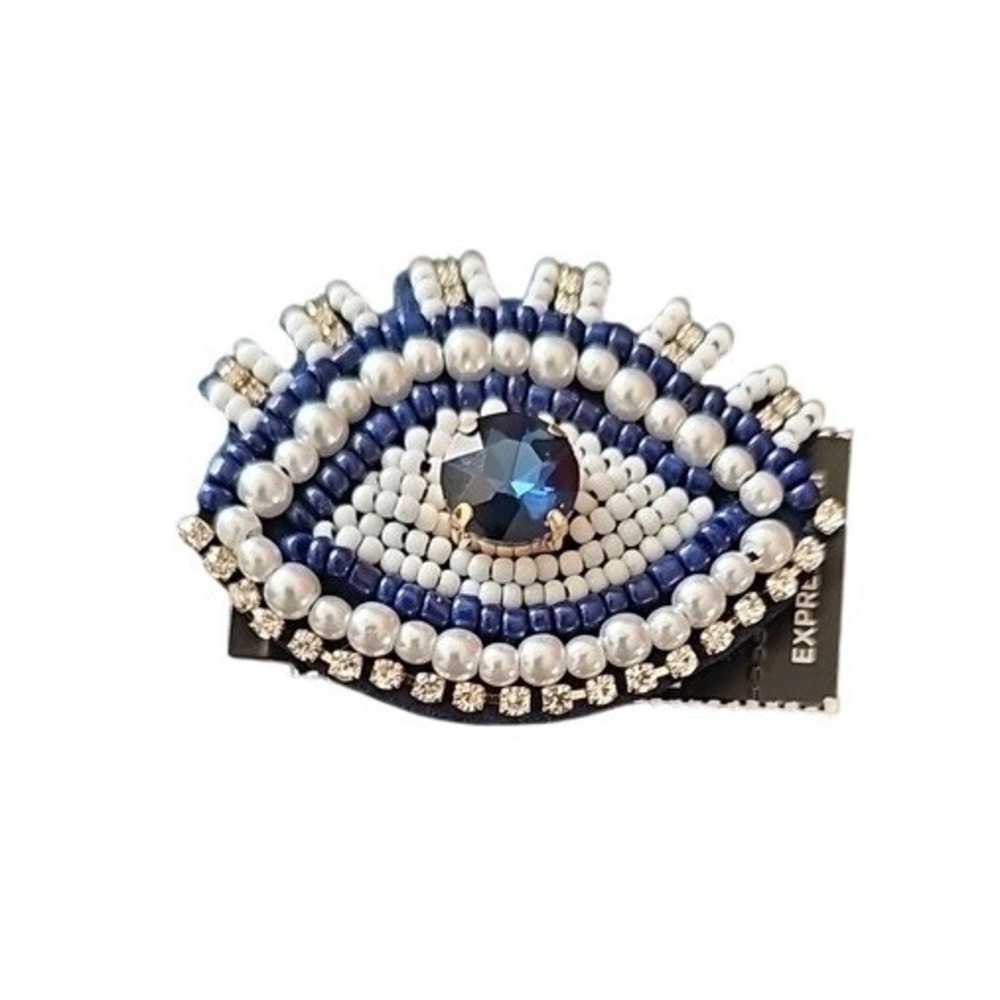 Express Evil Eye Beaded Brooch Pin Blue White Pearl Rhinestone Statement NWT